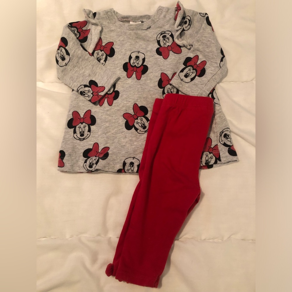 Minnie Mouse tunic, red pants outfit, H&M 2-4m